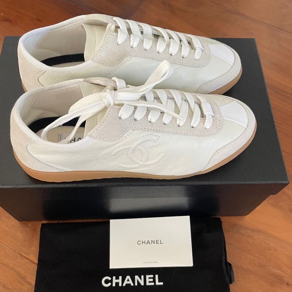 Brand New, New Season Chanel Calfskin & Suede White Sneakers 37. - Picture 2 of 10